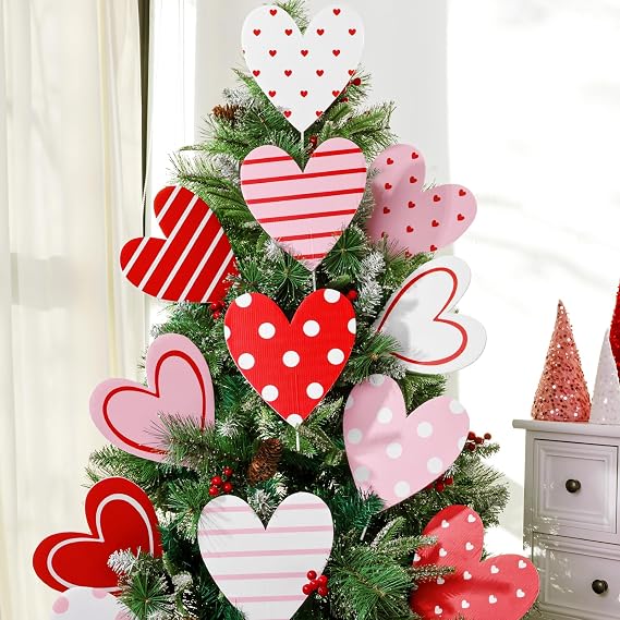 Valentines Day Decorations Tree Ornaments: 12 pcs Extra Large Red Pink White Heart San Valentine Decorations, Cute Hear Picks Ornaments for Valentine's Day Tree Topper Home Wedding Decor