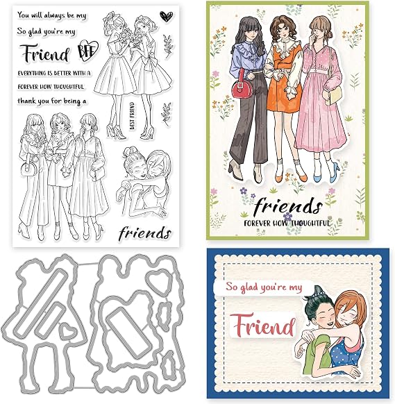 INFUNLY Stempel Und Stanzformen „Beste Freunde“ Für Die KartengestaltungSentimentTransparente StempelDIY-MetallstanzungenSchöne Mädchen-FreundeSilikonstempel Für DIYBasteln