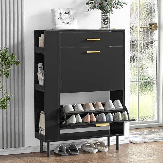 Shoe Storage Cabinet for Entryway Narrow, Modern Hiddern Shoe Rack Organizer Cabinet with 2 Flip Drawers, Space Saving Shoe Storage Cabinet for Entrance, Hallway