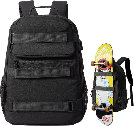 Skateboard Backpack, Large Skateboard Bag for Men and Women Laptop Bag with USB Port, for Skateboarding, College, Travel, Black, Sports