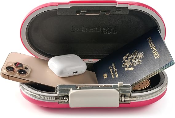 Master Lock Portable Personal Travel Safe, Water Resistant, 5900DPNKHC | Small Safe For Travel, Dorms to Secure Electronics, Passports, Cash, Cards, Resettable 4-digit Combination, Foam Lining