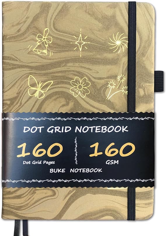 BUKE Bullet Dotted Journal - 160gsm Bamboo Paper - A5 Size Dot Grid Notebook - 160 Pages 5x5mm DOT GRID Layout - PU Leather Hardcover Fluid Texture Flowing Art And Foil Stamping In Gold Color (Green)