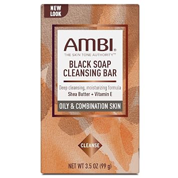Ambi Black Soap Cleansing Bar, Deep Cleansing, Moisturizing Formula with Shea Butter + Vitamin E for Oily & Combination Skin, 3.5 OZ - 5 Pack