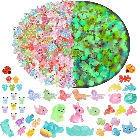 150pcs Mini Glow Resin Animals, 21 Styles Tiny Mixed Luminous Resin Animals, Small Plastic Animal Figures Glow in the Dark for Potted Micro Landscape Fairy Garden Aquarium Dollhouse Decor