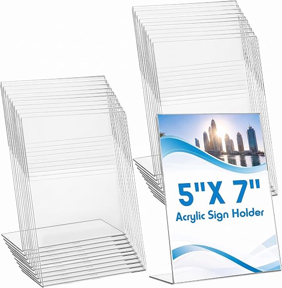 Vicenpal 6 Pcs 5 x 7 Inch Acrylic Sign Holder Acrylic Picture Frames Plastic Picture Flyer Holder l Shaped Photo Frames Self Standing Desktop Table Signs for Office, Store, Restaurant, Vertical