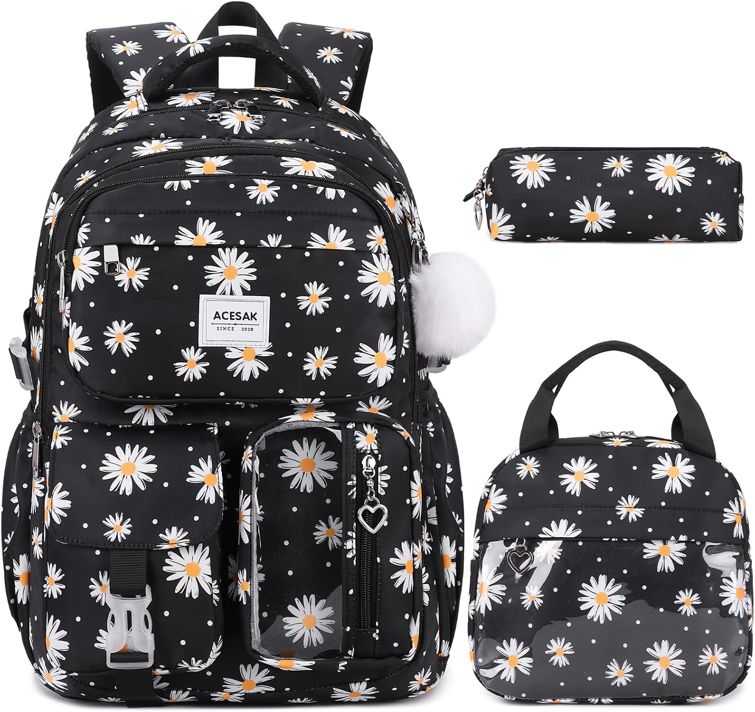 Backpack for Girls - Girls Backpack with Lunch Bag & Pencil Pouch for Teen Kids Laptop Backpack for Women, Elementary Middle High School Bookbag Travel Daypack Black Daisy