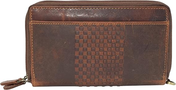 CAZORO RFID Blocking Wallets for Women Vintage Leather Double Zipper Clutch Checkbook Ladies Wallet (Brown RHU)