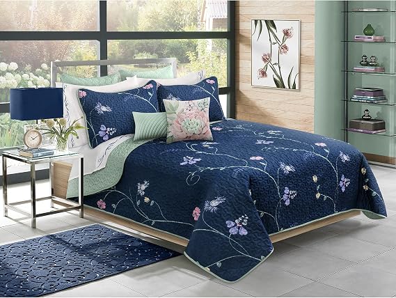 Safdie & Co. King Size 3-Piece Reversible Floral Quilt Set - Navy Blue and Sage Green Botanical Bedding - Super Soft Microfiber