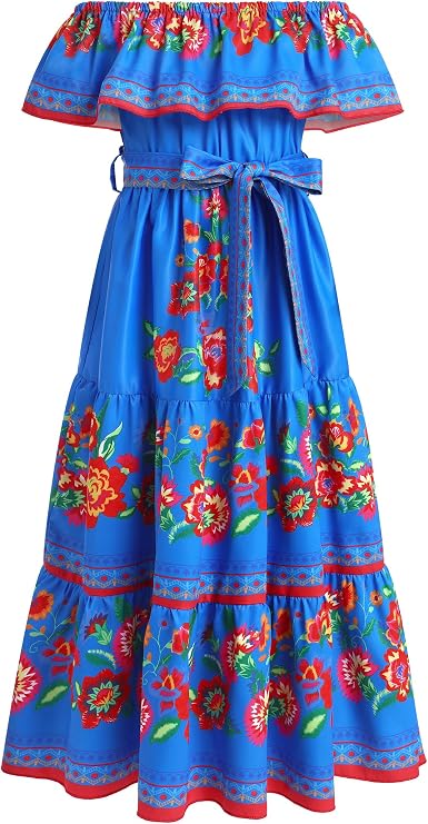 Traditional Mexican Dress for Girls Kids Floral Print Off Shoulder Maxi Sundress Cinco de Mayo Fiesta Dresses with Belt