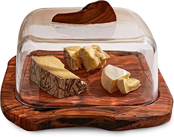 Formaticum Olive Wood w/Glass Dome Cheese Board - Charcuterie, Platters for Serving Food, Bread, Cake - Unique Idea Housewarming Gift for New Home, Wedding Gifts for Couple, Cool Bridal Shower Gift