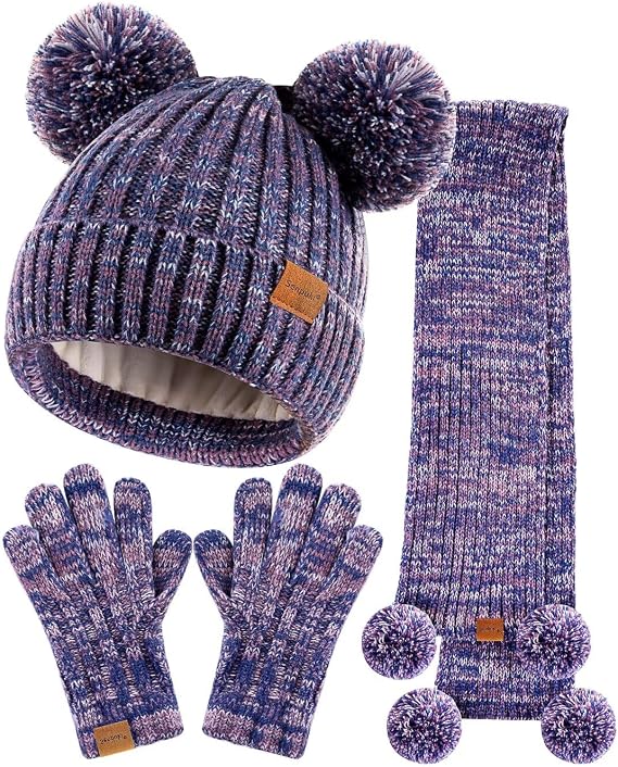 Kids Winter Hat Gloves Scarf Set, Girls Toddler Children Beanie with Pom Knit Neck Warmer Gaiter Mittens Fleece Lined Set