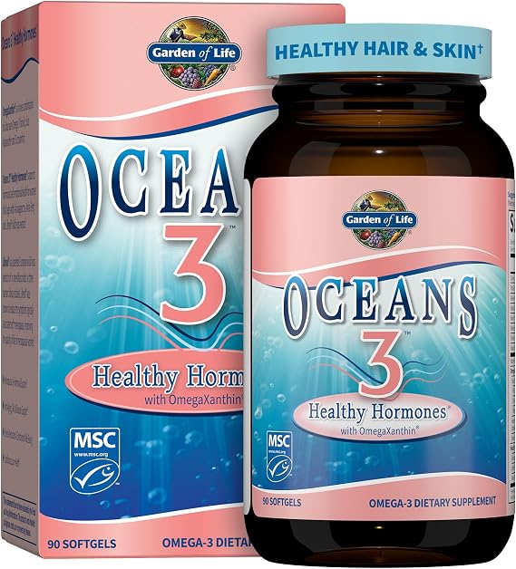 Garden of Life Oceans 3 Healthy Hormones - Strawberry, Omega 3 Fish Oil Supplement, 525mg EPA, 350mg DHA + Botanicals - Hormonal Support for Women, Skin, Heart Health Emotional Well-Being 90 Softgels