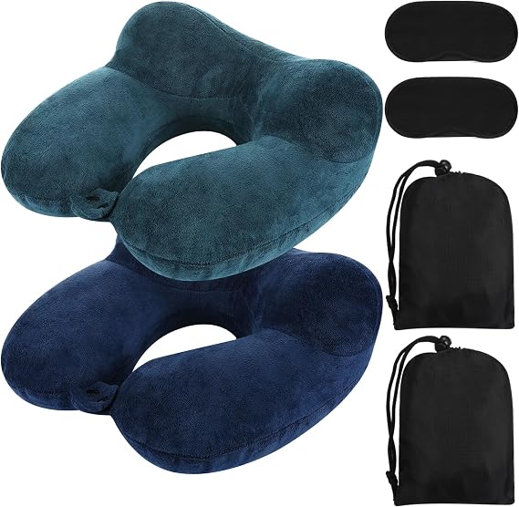 Sintuff 2 Inflatable Neck Pillow Airplane Travel, Peacock Green and Blue | Travel Support for Flights with Sleep Mask and Pouch, Lightweight for Airplane Train Car Office, Easy Inflate Deflate