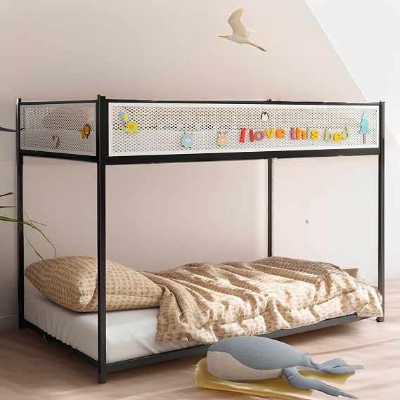 Twin Over Twin Bunk Bed, Floor Bunk Bed with Ladder & Mesh Guard Rail, Low Bunk Bed for Multiple-Child Family, Apartment, Dormitory, Space-Saving, No Box Spring Needed, Black