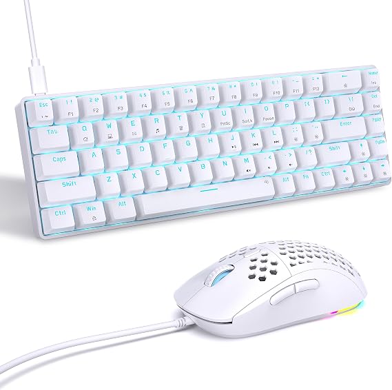 DIERYA X TMKB Wired 60 Percent Mechanical Gaming Keyboard and Wired Gaming Mouse-White(Clicky Blue Switch)
