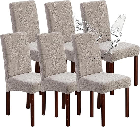 Genina Waterproof Chair Covers for Dining Room 6 Pack, Stretch Jacquard Dining Chair Cover Removable Washable Chair Protectors Cover for Kitchen, Home (Leaves-Warm Gray, 6 PCS)