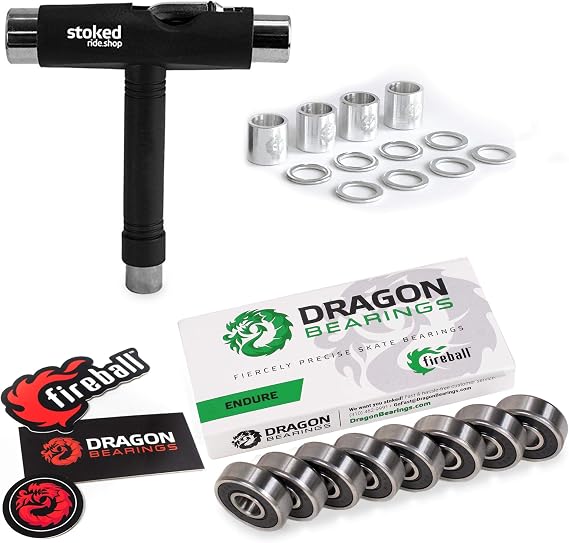 Fireball Dragon Precision Skateboard Bearing Bundle | Includes 8X Bearings, Spacers, Speed Rings & Tool | 608 Bearing for Skateboards, Longboards, Inline Skates, Roller Skates, Spinners