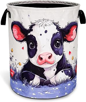 Cute Cow Laundry Basket Animal Foldable Oxford Cloth Funny Tote Bag Laundry Hamper Clothes Storage Bucket Organizer For Bathroom/Laundry Storage/Bedroom 18.9x16.5 Inch