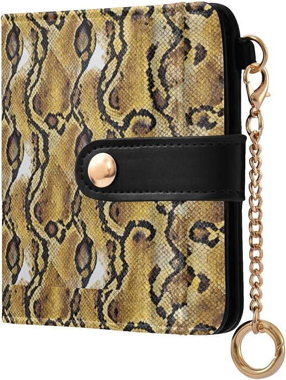 Ladies PU Leather Bifold Wallet Python Skin Texture Brown Yellow Unique Premium PU Leather Wallet for Women Girls