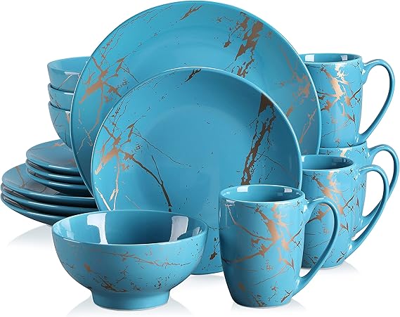 LOVECASA Porcelain Dinnerware Set for 4, 16 PCS Blue Glaze with Gold Plates Dishes Set, Ceramic Plates, Bowls and Mugs