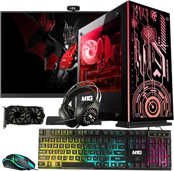MTG Aurora 4C Gaming Tower PC, i7-4, 16GB RAM, 1TB Nvme, Win 11 | AMD RX 580 8GB Graphics, 27 Inch Monitor, RGB KBM, Headphone, Webcam, USB WiFi BT, Desktop Computer for Entertainment
