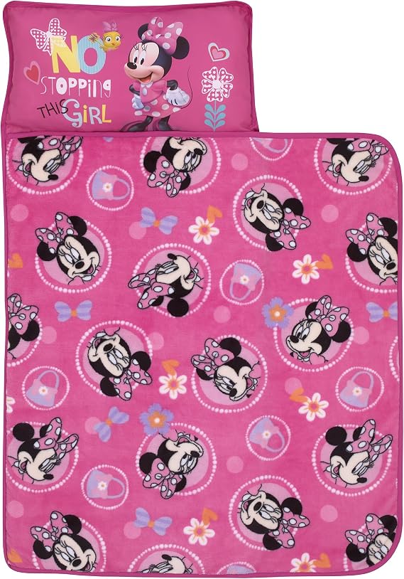 NoJo Disney Minnie Mouse Helping Heart Nap Mat with Built-in Pillow and Blanket for Toddlers and Preschoolers - Portable Naptime Solution