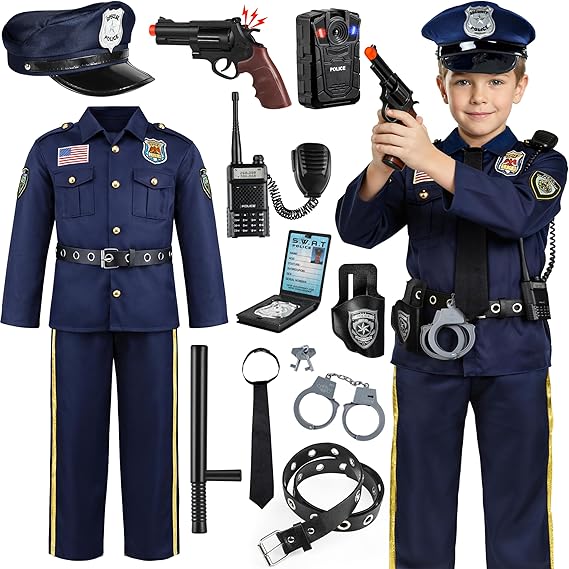 Joycover Police Costume for Kids - Career Day Officer Costume for Boys Girls with Toy Accessories, Kids Halloween Costumes, Cop Outfit Kit for Halloween Dress Up Pretend Roleplay -Small
