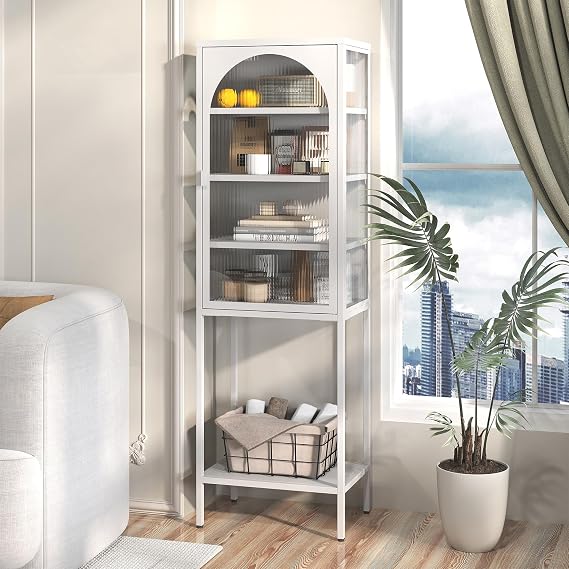63" Tall Metal Bookshelf, 5 Tier Glass Door Display Storage Cabinet Bookcase with Shelves, 63'' Tall Bookcases and Bookshelves for Living Room, Home Office, Library, White