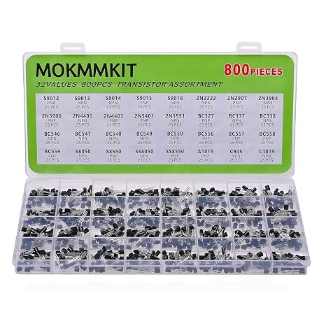 32 Values 800 Pieces Transistor Assortment Kit PNP NPN TO-92 | 2N2222 2N2907 2N3904 2N3906 2N5401 2N5551 S8050 S8550 S9012 S9013 S9014 S9015 A1015 C1815 C945 BC327 BC337 BC547 BC550 BC557