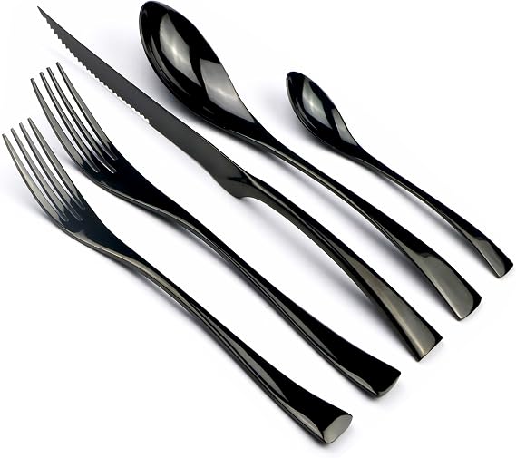 20-Piece 18/10 Stainless Steel Serrated Steak Knife Flatware Set, Mirror Polishing Black, Service for 4
