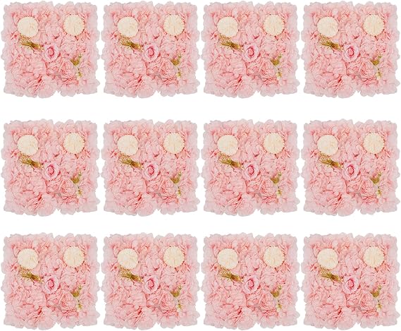 Flower Wall Panels 3D Flower Wall Backdrop, 12Pcs Artificial Flower Wall Panel Silk Rose Floral Decorative Faux Flower Wall Background for Wedding Home Decoration (Pink, Champagne,15*15in)