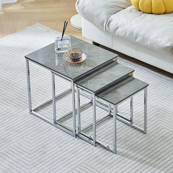 Rainbow Tree Set of 3 Grey Marble Nesting Coffee Tables for Living Room, High Gloss Nest of 3 Nested Tables Sofa Side Table Coffee Table End Tables Square Space Saving