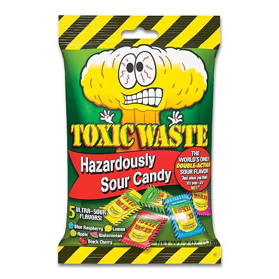 Toxic Waste Hazardously Sour Hard Candy, Assorted Flavors, 2 oz Peg Bag