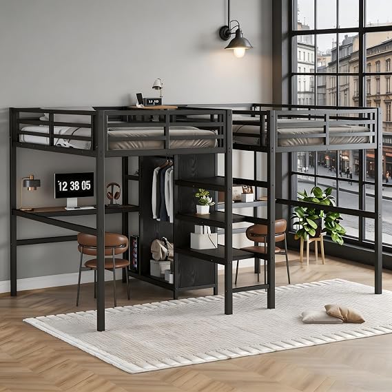 LUMISOL Twin Over Twin Metal Loft Bed with Desk and Wardrobe for 2 Kids, Double Loft Bed Twin Size with Charging Station, Wardrobe & Storage Shelves, Noise Reduced, Easy Assembly, Black