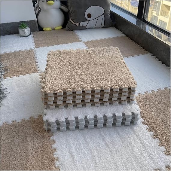 12"X12" Plush Interlocking Carpet Tiles, 10Mm Thick Foam Mat, Puzzle Play Mat, Soft Crawling Playing Floor Mat, Anti-Slip And Anti-Fall,Light Coffee+White,10Pcs