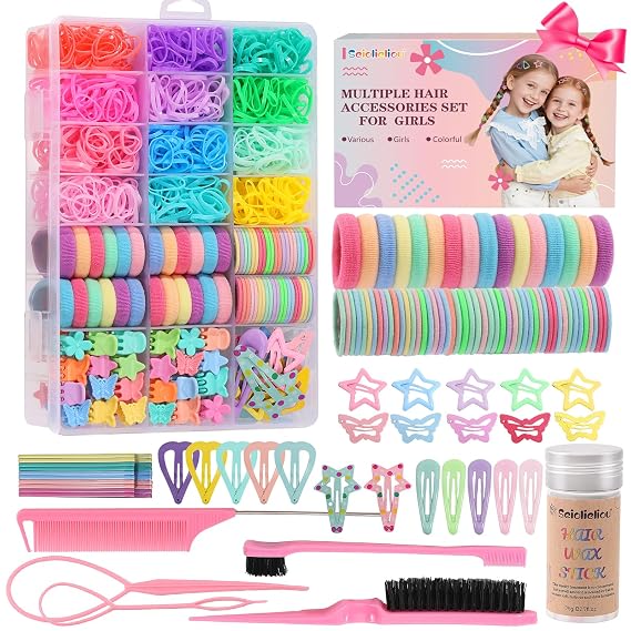 Hair Accessories for Girls, 1350P Colorful Hair Ties with 72P Hair Clips