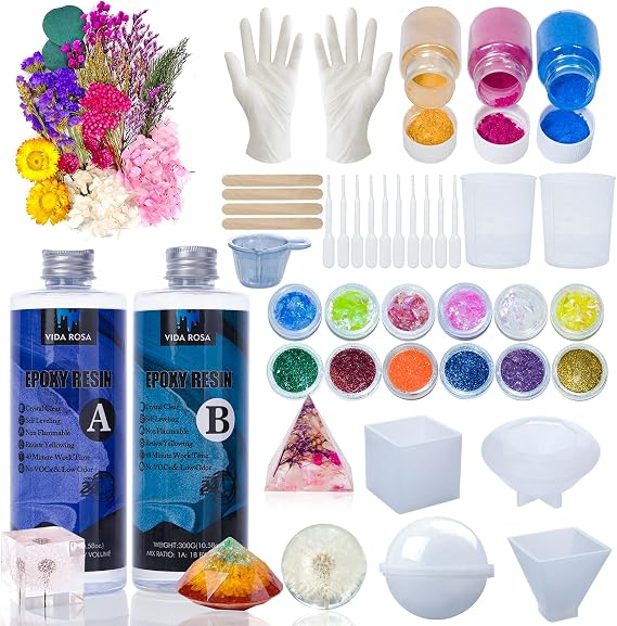 VidaRosa Epoxy Resin Kits for Beginners with molds,Dried Flower,600ml/ 21.16oz Crystal Coating for Art, Craft, Jewelry Making, River Tables,2 Gloves, 2 Measuring Cup and 2 Wooden Sticks