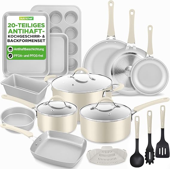 NutriChef 20-Piece Induction Saucepan & Pan Set White Non-Stick Cookware with Lids & Baking Moulds in Brown PFOA-Free for Healthy Cooking & Baking Aluminium Pots & Pans for All Hob Types