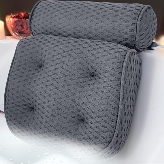 AEROiVi Luxury Bath Pillows for Tub,Bath Pillow Bathtub Pillows for Head and Neck Support Bath Cushion Made from Soft Spacer Mesh Material with Suction Cups,Gray