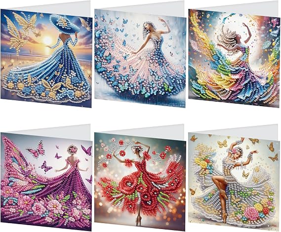 JISHSHAY 6 Pack Diamond Painting Greeting Cards Woman with Dress Diamond Painting Pictures Wedding Cards Craft Adult Card Thank You Mosaic Craft Set Adult Birthday Cards with Envelope