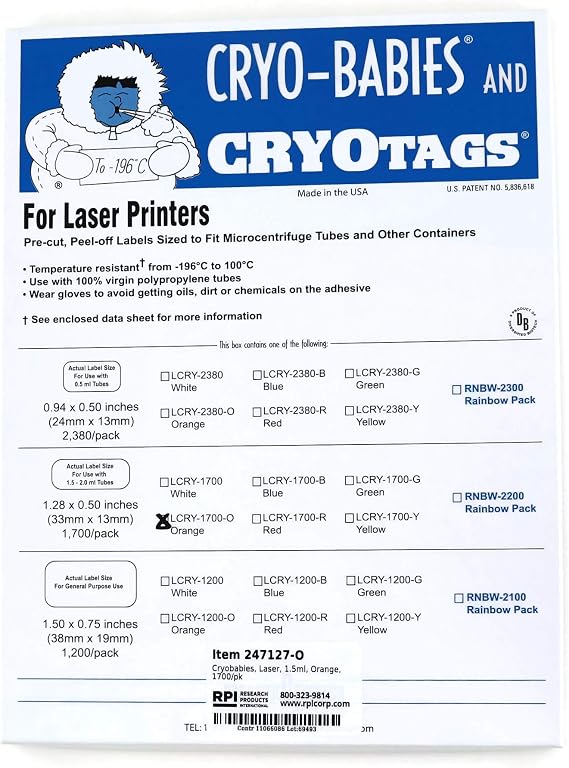 Cryo-Babies Labels, Laser Sheet, 1.5-2.0ml Tubes, 1.28 x 0.5 Inches, Orange, 1,700 per Package