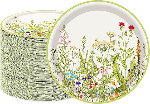 50Pcs Wildflower Paper Plates Flower Party Supplies 7" Floral Paper Plates Botanical Green Leaves Herbs Dessert Plates for Floral Theme Bridal Baby Shower Vintage Garden Decorative Party Decorations