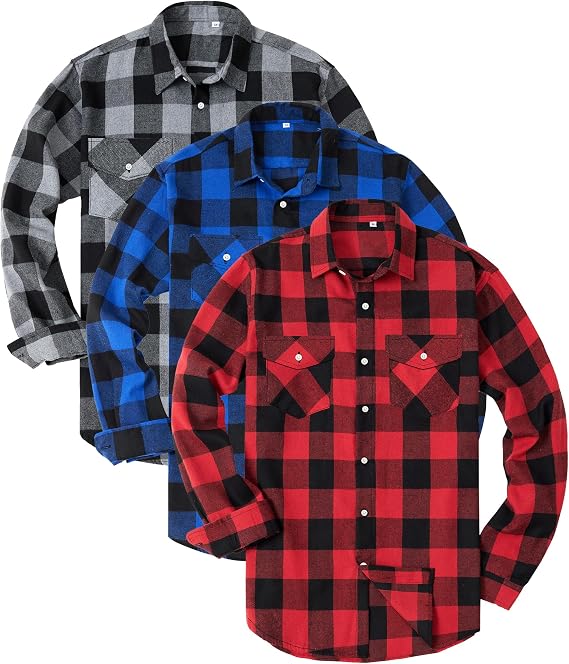 Kinglaman 3 Pack Men's Long Sleeve Plaid Flannel Casual Button Down Shirts | Soft Comfort Flannel Fabric, Classic Buffalo Plaid Pattern, Relaxed Fit, Button Closure, for Daily Casual, Outdoor, Travel