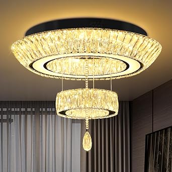 Led 24'' Black Ring Crystal Chandelier,Modern Luxury 2 Tier Crystal Raindrop Chandeliers Lighting for Dining Living Room LED Dimmable 3000-6000K