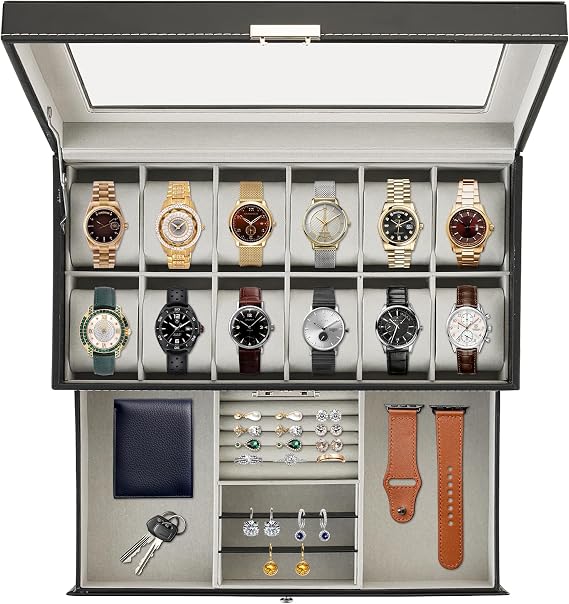 12 Slots Watch Case with Jewelry Drawer Lockable Watch Jewelry Box for Women Men Jewelry Display Case Leather Watch Organizer with Glass Top 2 Layers Watch and Jewelry Box for Storage