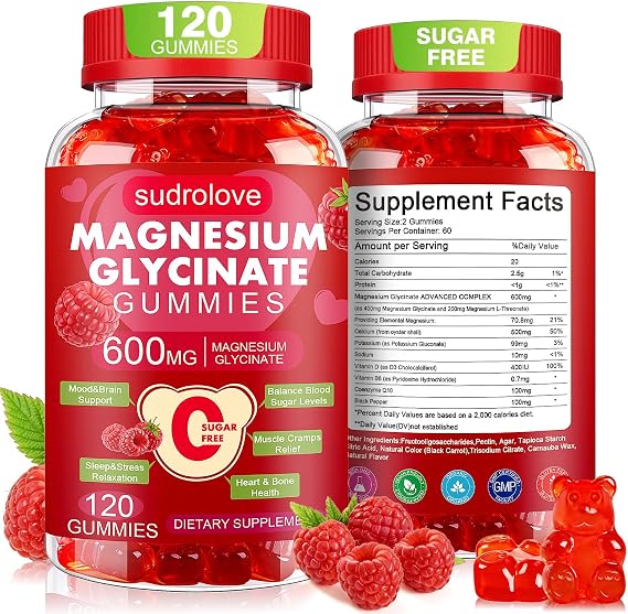 Magnesium Glycinate Gummies 600mg per Serving, 120 Count | High Absorption Mg Glycinate, K, D, B6, CoQ10, Sugar Free, Sleep Support, 120 Gummies, Raspberry