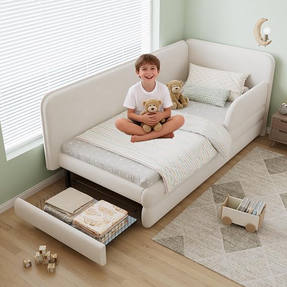 Su & Chan Legence Corner Sofa Bed 90 x 190cm, Single Bed Frame with Storage, Beige Day Bed with Sturdy Slats, 205.5x80x98cm