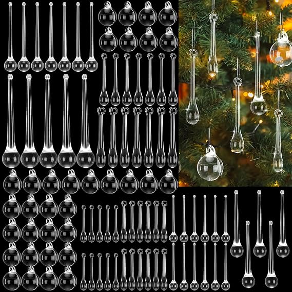 AceOrbit 100 Pcs Christmas Teardrop Ornaments, 5 Styles, Clear Acrylic
