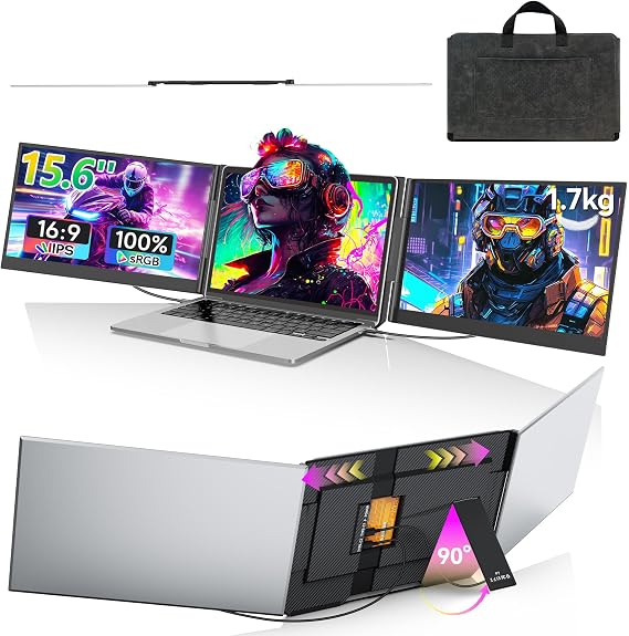 15.6'' Triple Laptop Screen Extender, Ultra-thin Portable Monitor Laptop | 1080P FHD Screen Extended Monitors, Plug&Play, Dual Monitor Extender for Mac/Windows/Chrome (Built-in Speakers)