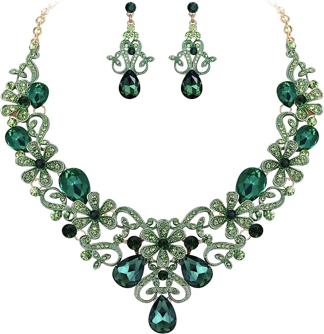 BriLove Women's Costume Elegant Crystal Flower Scroll Teardrop Statement Necklace Dangle Earrings Set for Wedding Party Prom Accessories